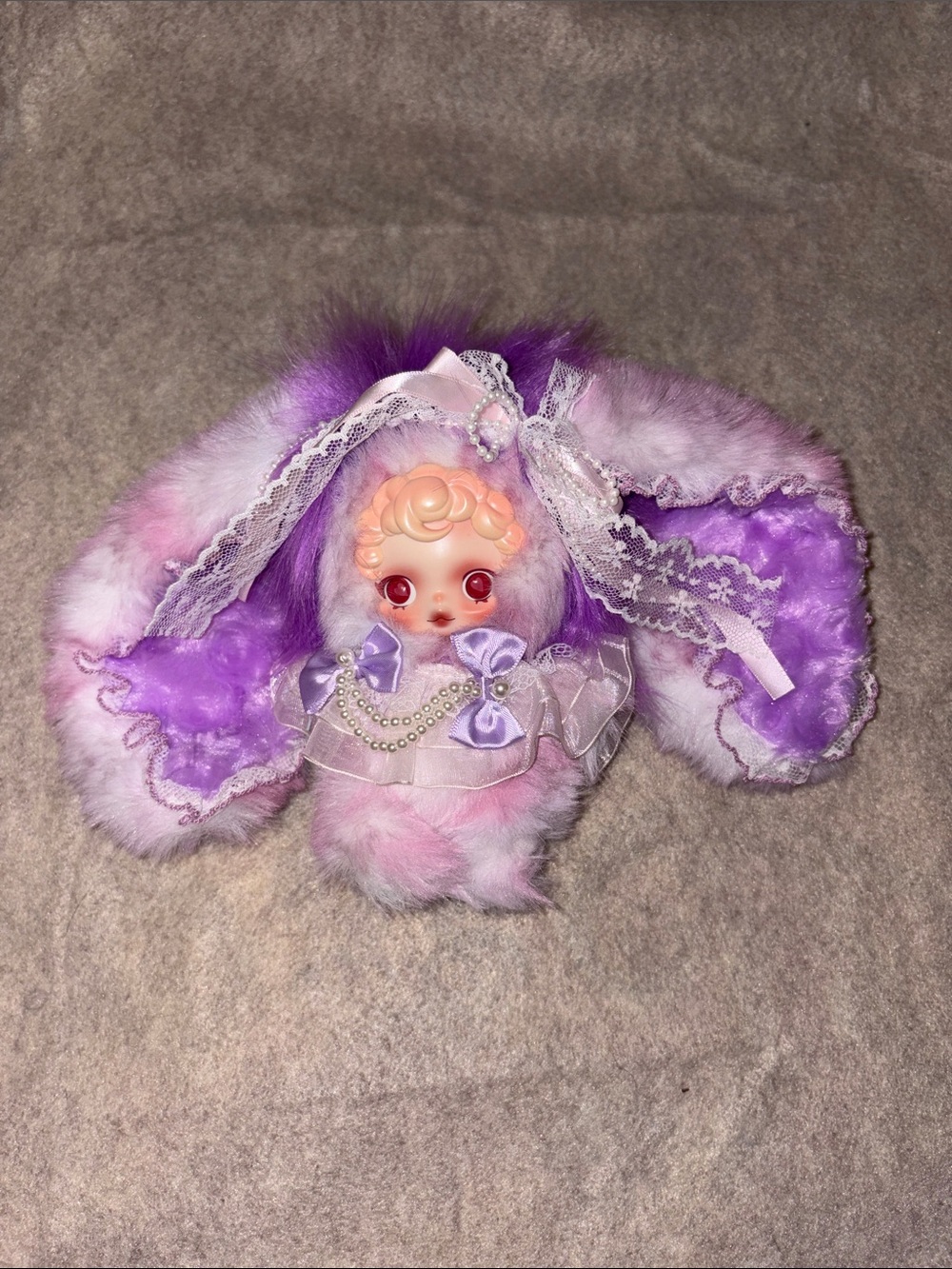 Custom Skull Panda Plush Bunny Pendant - Pink & Purple Faux Fur